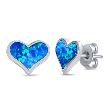 Heart Stud Earrings Lab Created Blue Opal 925 Sterling Silver (10mm)
